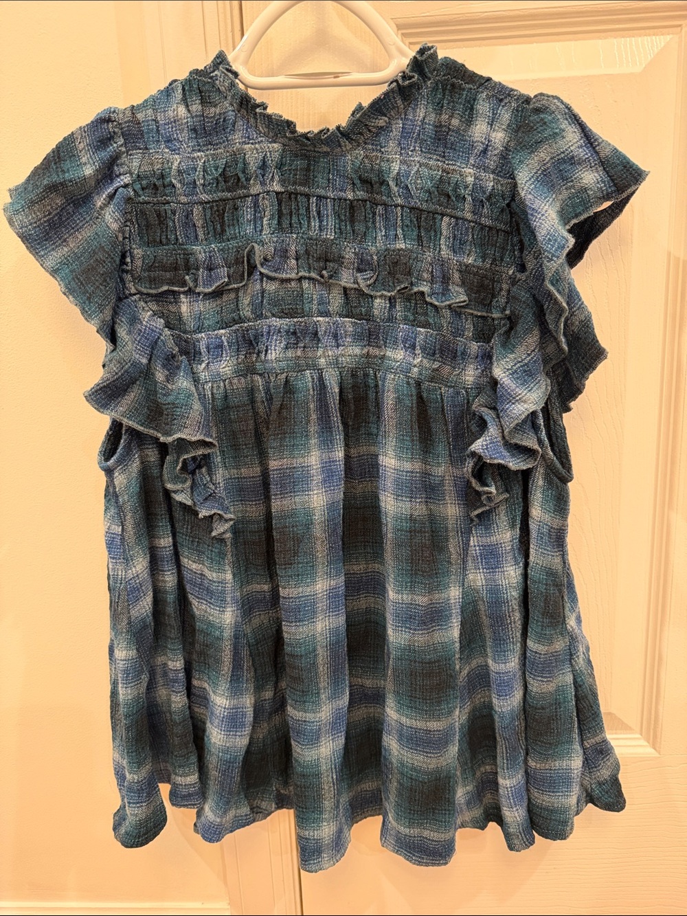 Free People Blue Plaid Ruffle Smocked Top